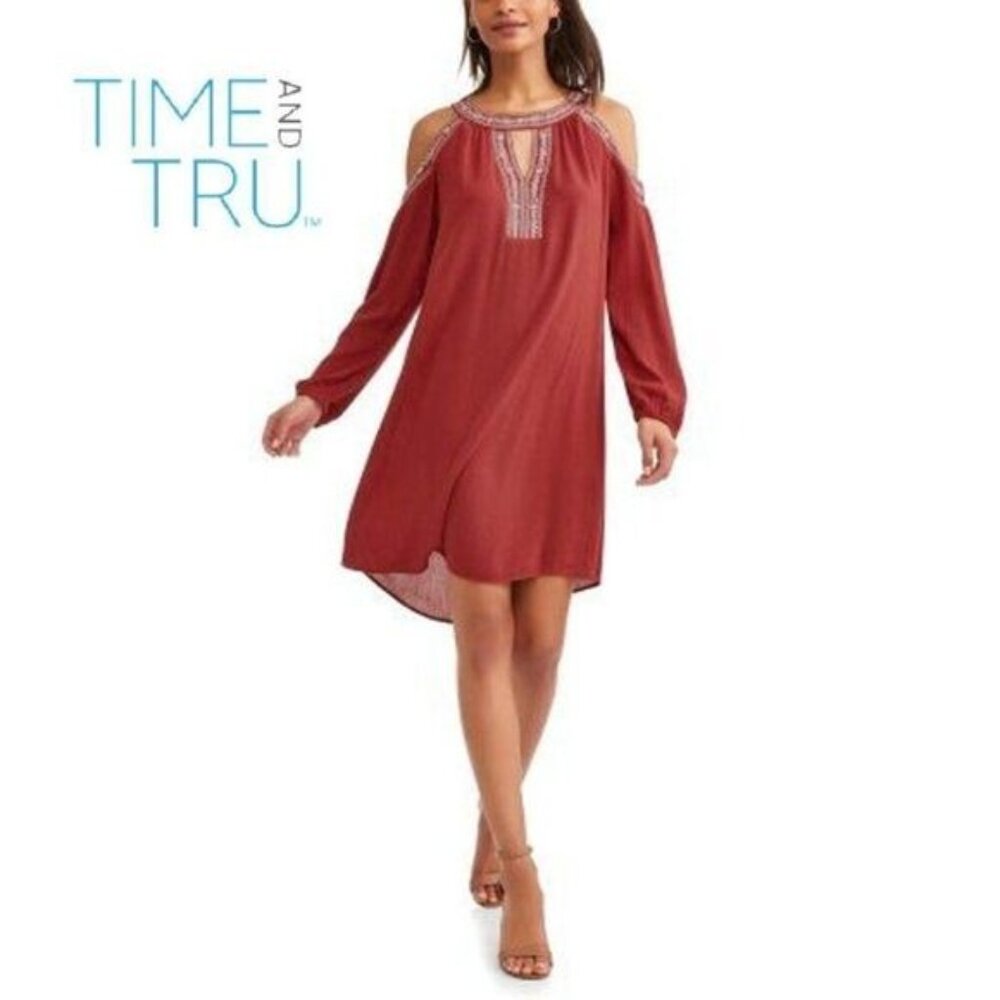 Time and‎ Tru Women's Embroidered Trim Cold Shoulder Hi-lo  Dress